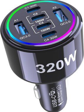 320W 6-Port USB C Car Charger | Fast Charging for Multiple Devices on the Go